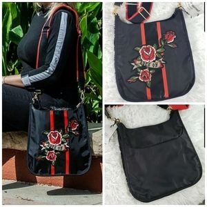 Adorned Rose Embroidery Crossbody Messenger Purse